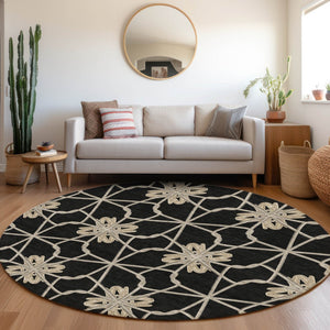 HomeRoots 8' Stylish Black Khaki Beige Geometric Washable Round Rug with UV Protection for High-Traffic Areas 675903
