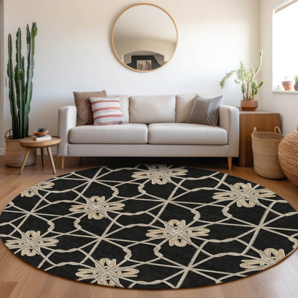 HomeRoots 8' Stylish Black Khaki Beige Geometric Washable Round Rug with UV Protection for High-Traffic Areas 675903