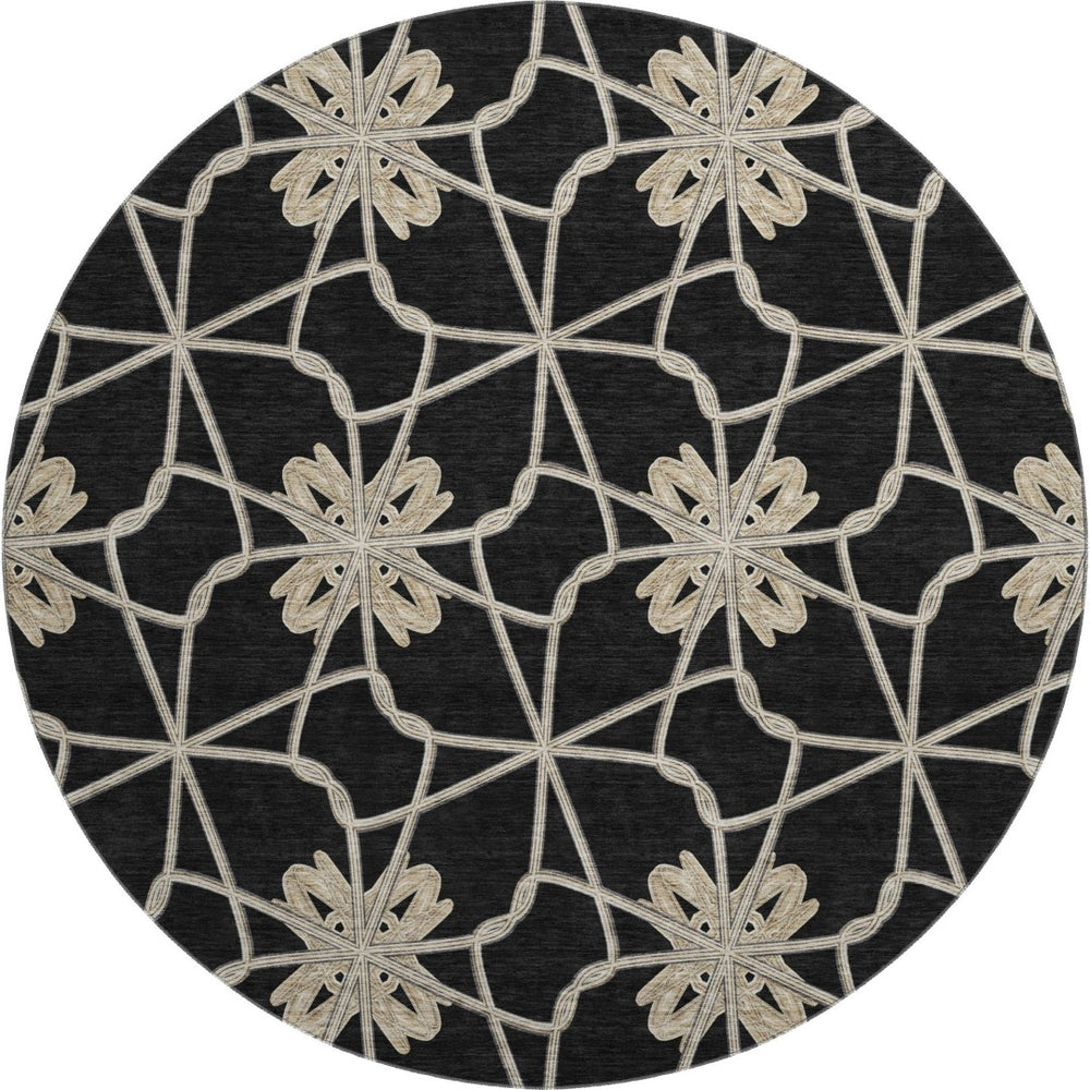 HomeRoots 8' Stylish Black Khaki Beige Geometric Washable Round Rug with UV Protection for High-Traffic Areas 675903