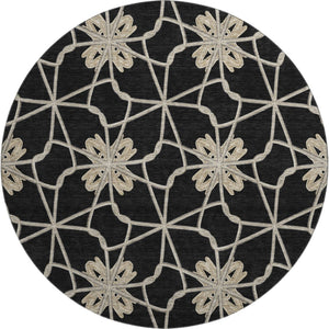 HomeRoots 8' Stylish Black Khaki Beige Geometric Washable Round Rug with UV Protection for High-Traffic Areas 675903