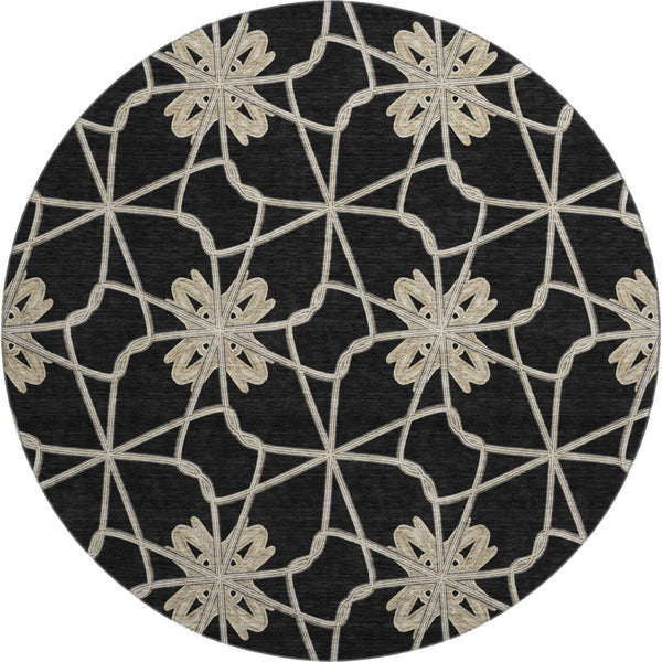HomeRoots 8' Stylish Black Khaki Beige Geometric Washable Round Rug with UV Protection for High-Traffic Areas 675903