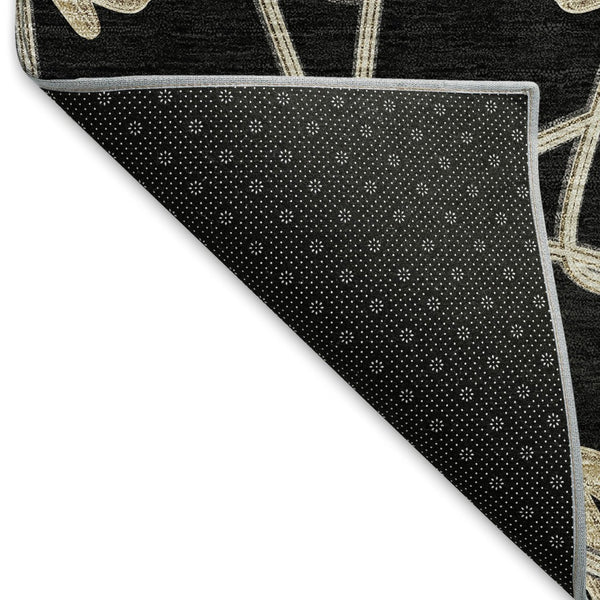 HomeRoots 8' Stylish Black Khaki Beige Geometric Washable Round Rug with UV Protection for High-Traffic Areas 675903