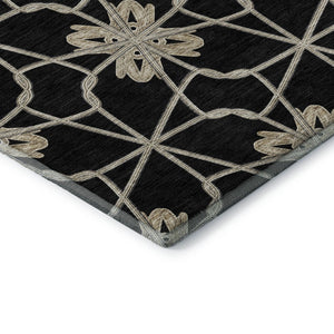 HomeRoots 8' Stylish Black Khaki Beige Geometric Washable Round Rug with UV Protection for High-Traffic Areas 675903