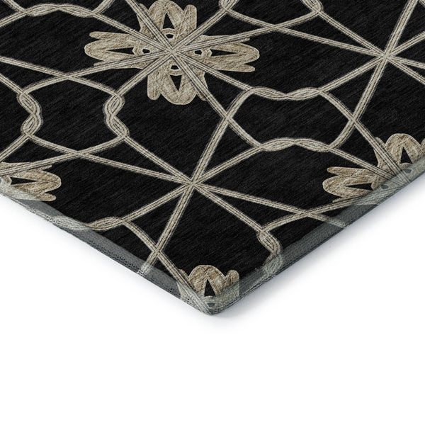 HomeRoots 8' Stylish Black Khaki Beige Geometric Washable Round Rug with UV Protection for High-Traffic Areas 675903