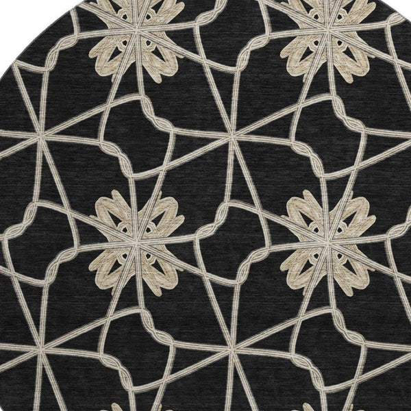 HomeRoots 8' Stylish Black Khaki Beige Geometric Washable Round Rug with UV Protection for High-Traffic Areas 675903