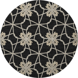 HomeRoots 8' Stylish Black Khaki Beige Geometric Washable Round Rug with UV Protection for High-Traffic Areas 675903