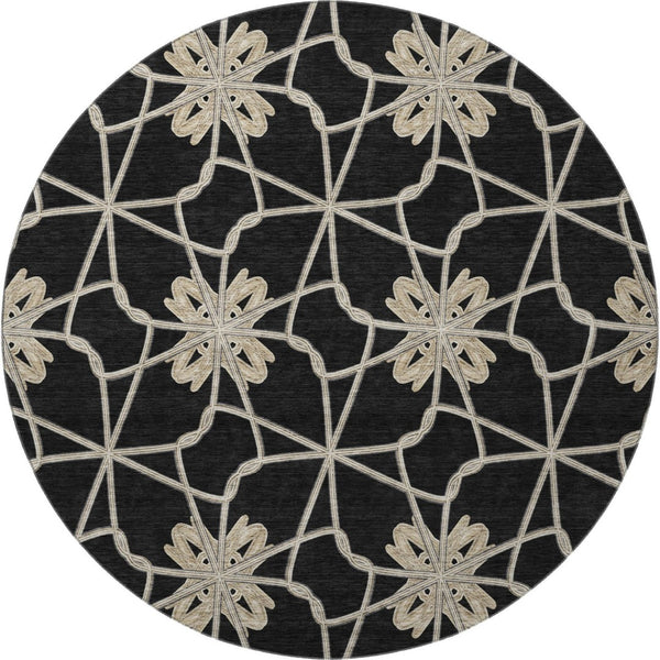 HomeRoots 8' Stylish Black Khaki Beige Geometric Washable Round Rug with UV Protection for High-Traffic Areas 675903