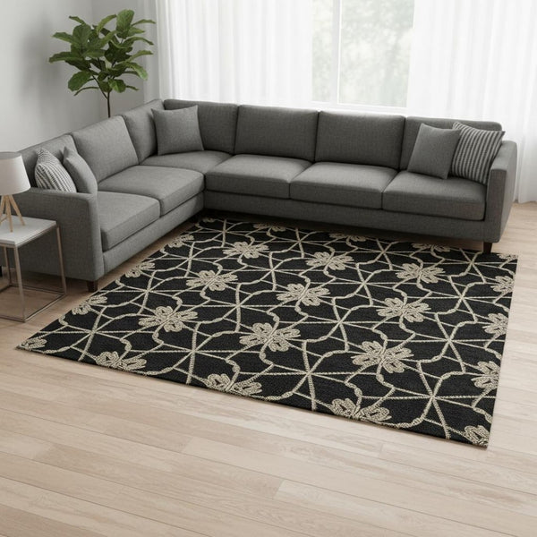 HomeRoots 8' X 10' Stylish Black Khaki Beige Area Rug - Washable, UV-Protected, Stain-Resistant for Busy Homes 675904