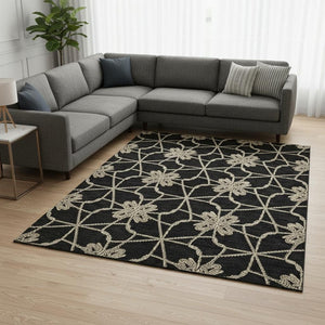 HomeRoots 10' Geometric Washable Area Rug in Black, Khaki & Beige - Durable, UV Protected, Soft, Stain Resistant 675906