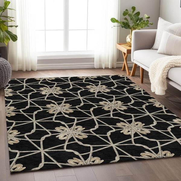 HomeRoots 10' Geometric Washable Area Rug in Black, Khaki & Beige - Durable, UV Protected, Soft, Stain Resistant 675906