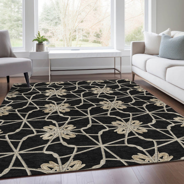 HomeRoots 10' Geometric Washable Area Rug in Black, Khaki & Beige - Durable, UV Protected, Soft, Stain Resistant 675906