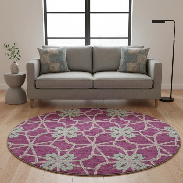 HomeRoots 8' Blush Ivory & Beige Geometric Washable Round Rug - Durable, UV Protected, Ideal for Homes 675909