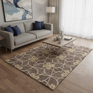 HomeRoots 5' X 8' Modern Geometric Washable Area Rug in Brown, Gold & Gray with UV Protection for Homes 675914