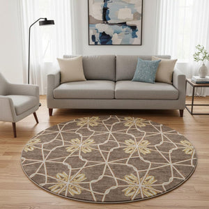 HomeRoots 8' Brown Gold and Gray Geometric Round Rug - Durable, Washable with UV Protection for Modern Spaces 675915