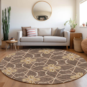 HomeRoots 8' Brown Gold and Gray Geometric Round Rug - Durable, Washable with UV Protection for Modern Spaces 675915