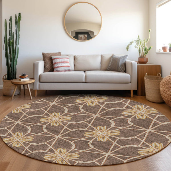 HomeRoots 8' Brown Gold and Gray Geometric Round Rug - Durable, Washable with UV Protection for Modern Spaces 675915