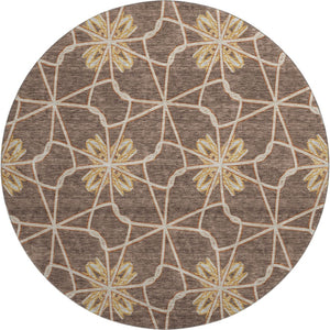HomeRoots 8' Brown Gold and Gray Geometric Round Rug - Durable, Washable with UV Protection for Modern Spaces 675915