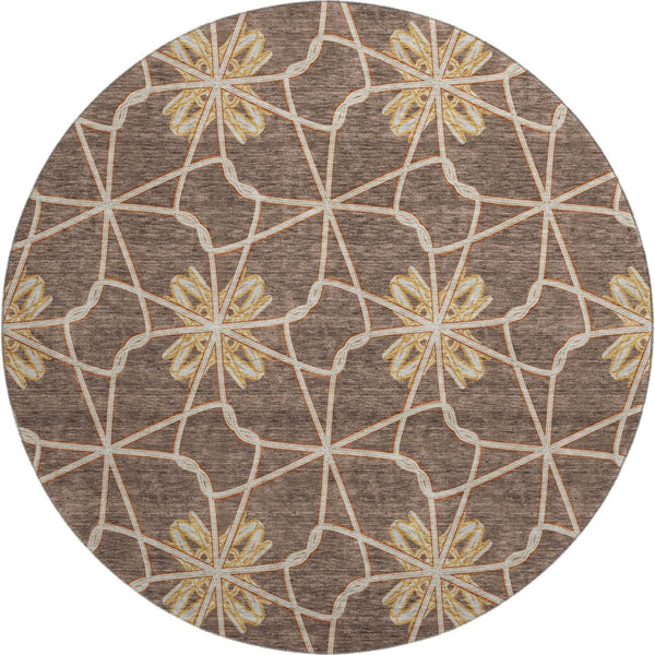 HomeRoots 8' Brown Gold and Gray Geometric Round Rug - Durable, Washable with UV Protection for Modern Spaces 675915