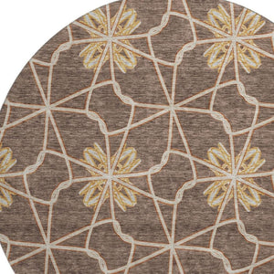 HomeRoots 8' Brown Gold and Gray Geometric Round Rug - Durable, Washable with UV Protection for Modern Spaces 675915