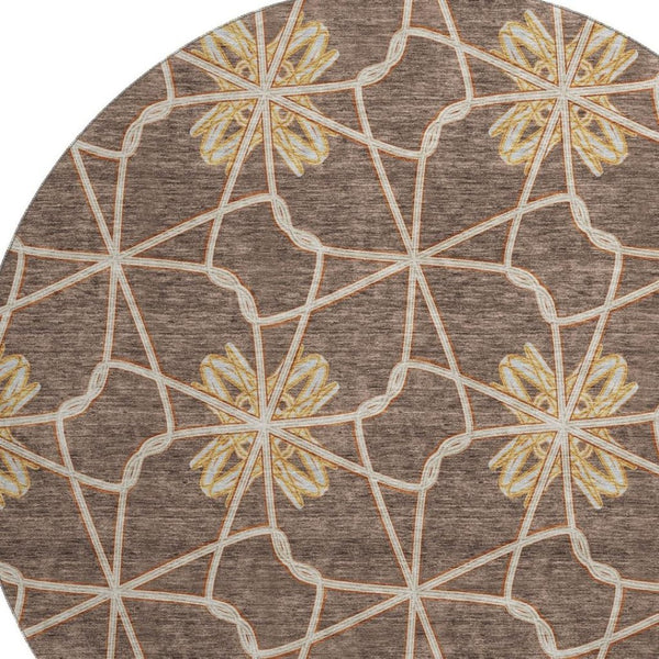 HomeRoots 8' Brown Gold and Gray Geometric Round Rug - Durable, Washable with UV Protection for Modern Spaces 675915