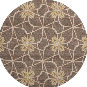 HomeRoots 8' Brown Gold and Gray Geometric Round Rug - Durable, Washable with UV Protection for Modern Spaces 675915