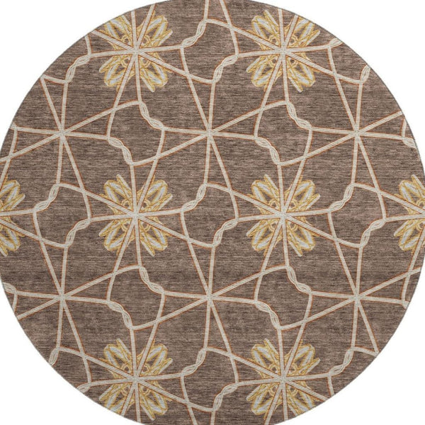 HomeRoots 8' Brown Gold and Gray Geometric Round Rug - Durable, Washable with UV Protection for Modern Spaces 675915
