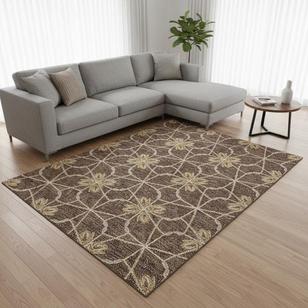 HomeRoots 8' X 10' Washable Brown Gold Gray Geometric Area Rug - Durable, Stain-Resistant with UV Protection! 675916