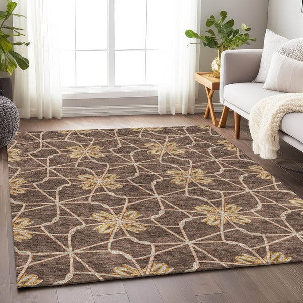 HomeRoots 10' X 14' Geometric Area Rug in Brown, Gold & Gray - Washable, UV Protected & Perfect for Any Space! 675918