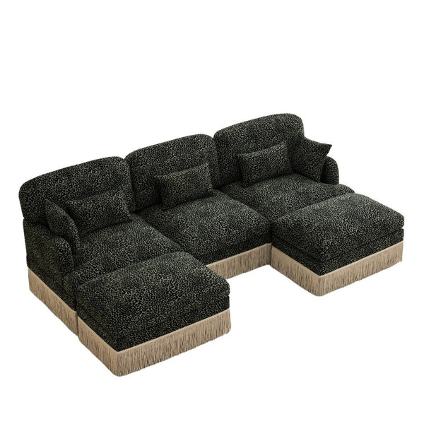 English Elm 100"comfy Chenille Leopard Print U-shaped Sectional with Tassel Trim and Modular Ottomans Green W5656S00033