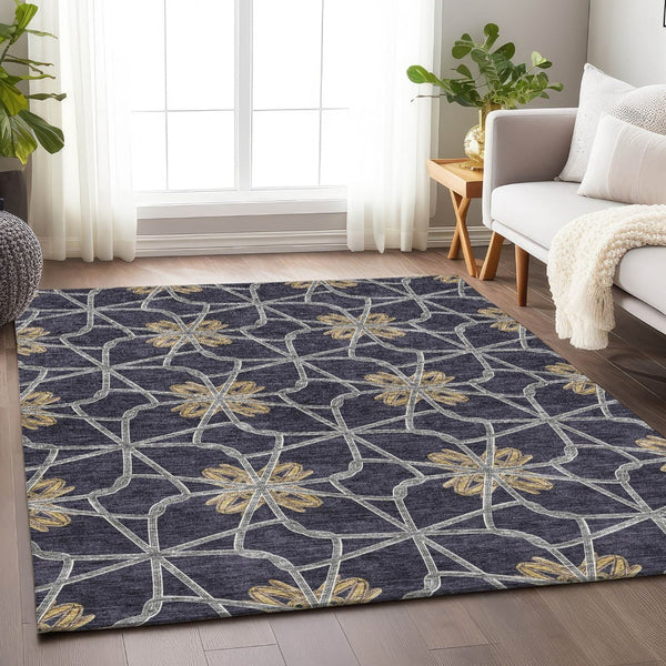 HomeRoots 5' X 8' Charcoal Gold & Gray Geometric Washable Area Rug - Stylish, Durable, UV-Protected Design! 675920