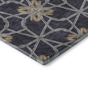 HomeRoots 5' X 8' Charcoal Gold & Gray Geometric Washable Area Rug - Stylish, Durable, UV-Protected Design! 675920