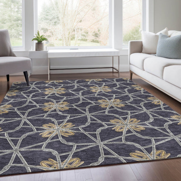 HomeRoots 5' X 8' Charcoal Gold & Gray Geometric Washable Area Rug - Stylish, Durable, UV-Protected Design! 675920