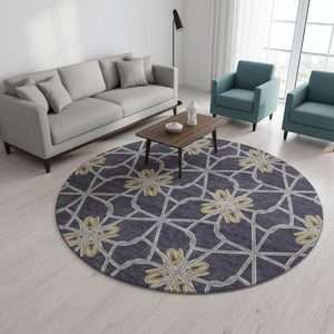 HomeRoots 8' Charcoal Gold and Gray Geometric Round Rug - Washable, UV Protected, Durable Polyester Design 675921