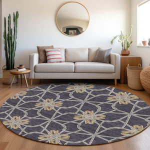 HomeRoots 8' Charcoal Gold and Gray Geometric Round Rug - Washable, UV Protected, Durable Polyester Design 675921