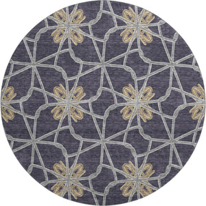 HomeRoots 8' Charcoal Gold and Gray Geometric Round Rug - Washable, UV Protected, Durable Polyester Design 675921