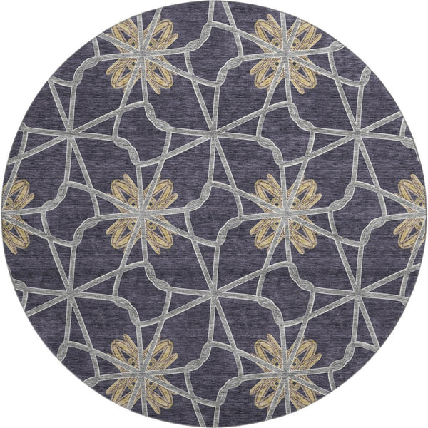HomeRoots 8' Charcoal Gold and Gray Geometric Round Rug - Washable, UV Protected, Durable Polyester Design 675921