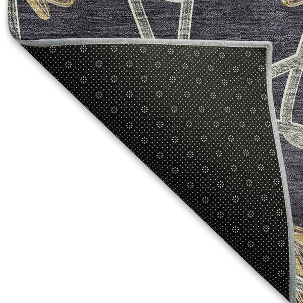 HomeRoots 8' Charcoal Gold and Gray Geometric Round Rug - Washable, UV Protected, Durable Polyester Design 675921