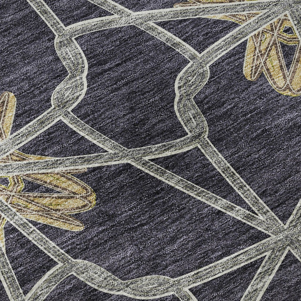 HomeRoots 8' Charcoal Gold and Gray Geometric Round Rug - Washable, UV Protected, Durable Polyester Design 675921