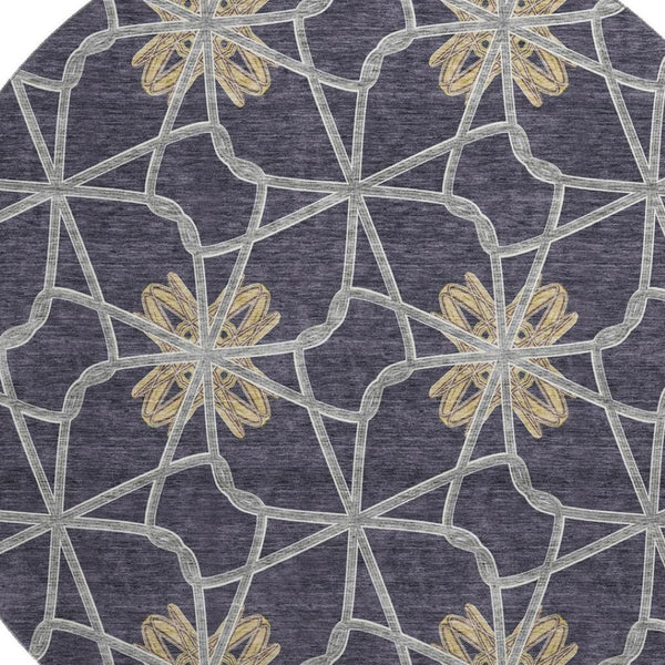 HomeRoots 8' Charcoal Gold and Gray Geometric Round Rug - Washable, UV Protected, Durable Polyester Design 675921