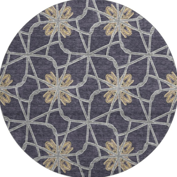 HomeRoots 8' Charcoal Gold and Gray Geometric Round Rug - Washable, UV Protected, Durable Polyester Design 675921