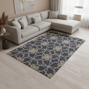 HomeRoots 10' X 14' Geometric Washable Area Rug in Charcoal, Gold & Gray with UV Protection for Modern Spaces 675924