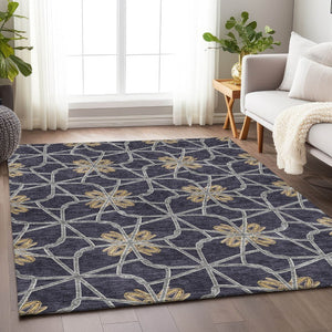HomeRoots 10' X 14' Geometric Washable Area Rug in Charcoal, Gold & Gray with UV Protection for Modern Spaces 675924