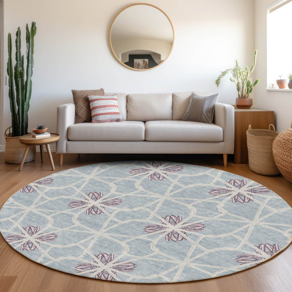 HomeRoots 8' Stylish Denim Blue, Ivory & Gray Geometric Washable Round Rug - UV Protected & Stain Resistant 675927