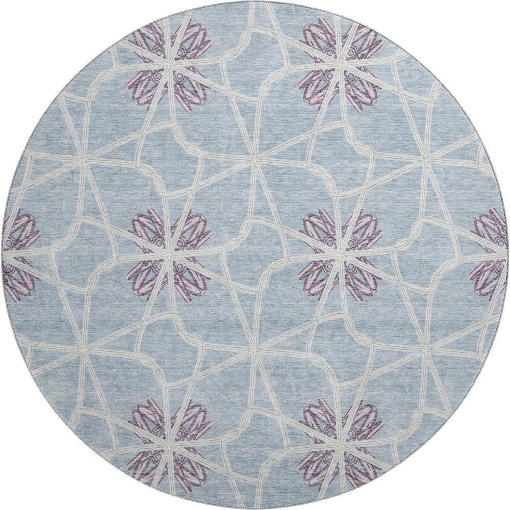 HomeRoots 8' Stylish Denim Blue, Ivory & Gray Geometric Washable Round Rug - UV Protected & Stain Resistant 675927