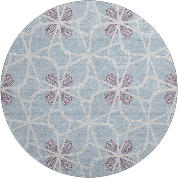 HomeRoots 8' Stylish Denim Blue, Ivory & Gray Geometric Washable Round Rug - UV Protected & Stain Resistant 675927