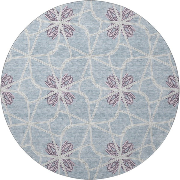 HomeRoots 8' Stylish Denim Blue, Ivory & Gray Geometric Washable Round Rug - UV Protected & Stain Resistant 675927