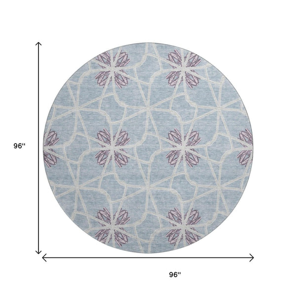 HomeRoots 8' Stylish Denim Blue, Ivory & Gray Geometric Washable Round Rug - UV Protected & Stain Resistant 675927