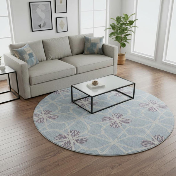 HomeRoots 8' Stylish Denim Blue, Ivory & Gray Geometric Washable Round Rug - UV Protected & Stain Resistant 675927