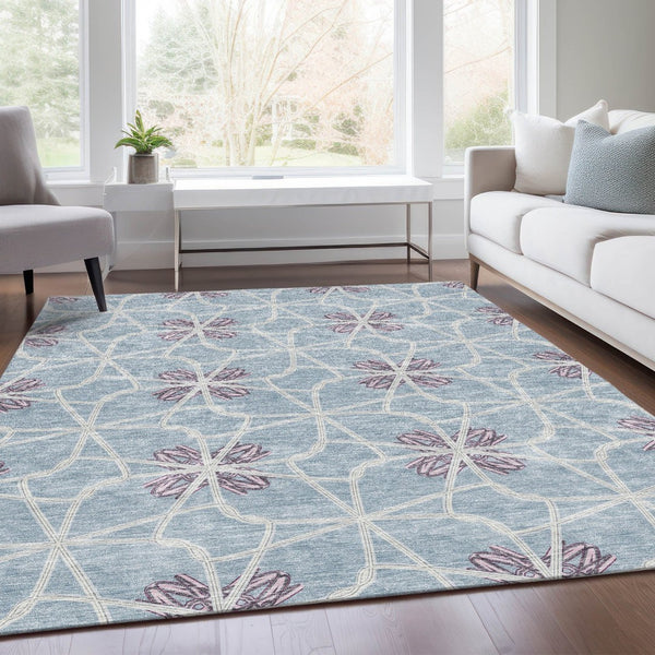 HomeRoots 8' X 10' Stylish Denim Blue Ivory Gray Geometric Washable Area Rug with UV Protection & Durability 675928