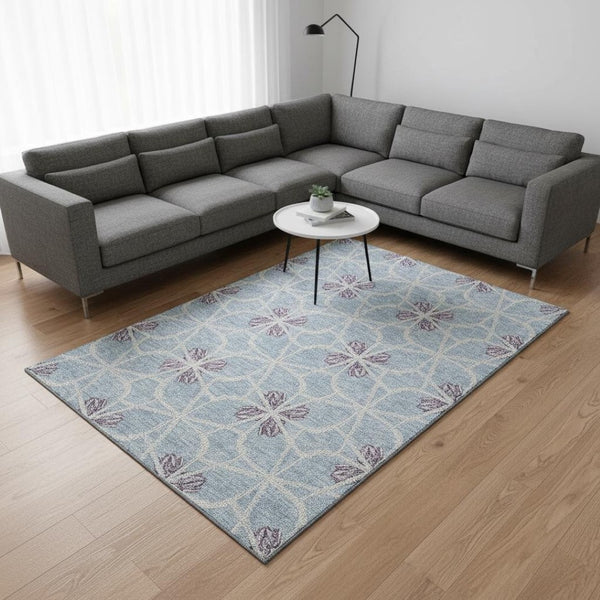 HomeRoots 9' X 12' Stylish Denim Blue, Ivory & Gray Geometric Area Rug - Washable, Durable & UV Protected! 675929